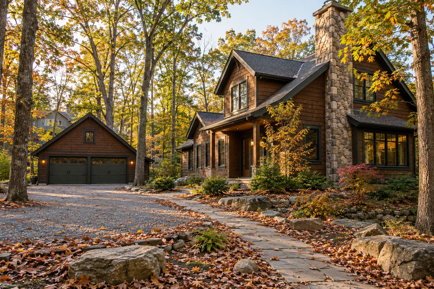 Wood-and-stone seasonal home in a wooded neighborhood in early autumn.